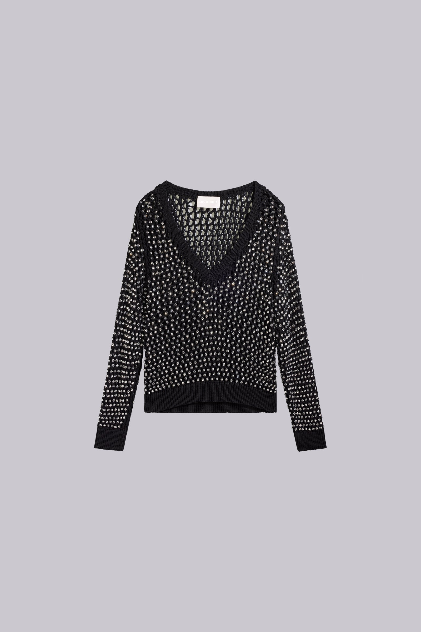MAGLIA SCOLLO A V A RETE CON STRASS GIOIELLO