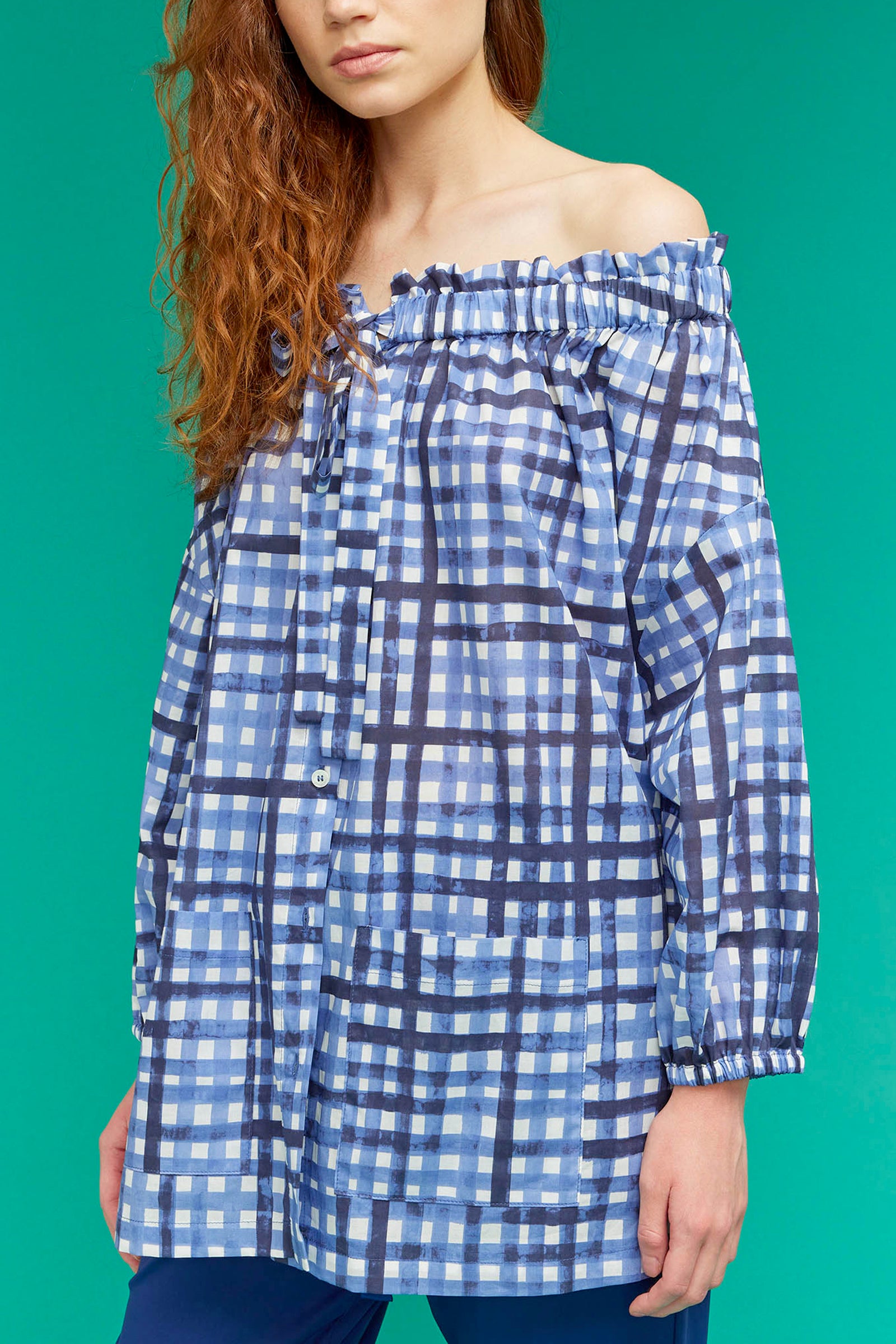 CAMICIA SCOLLO BARDOT STAMPA CHECK