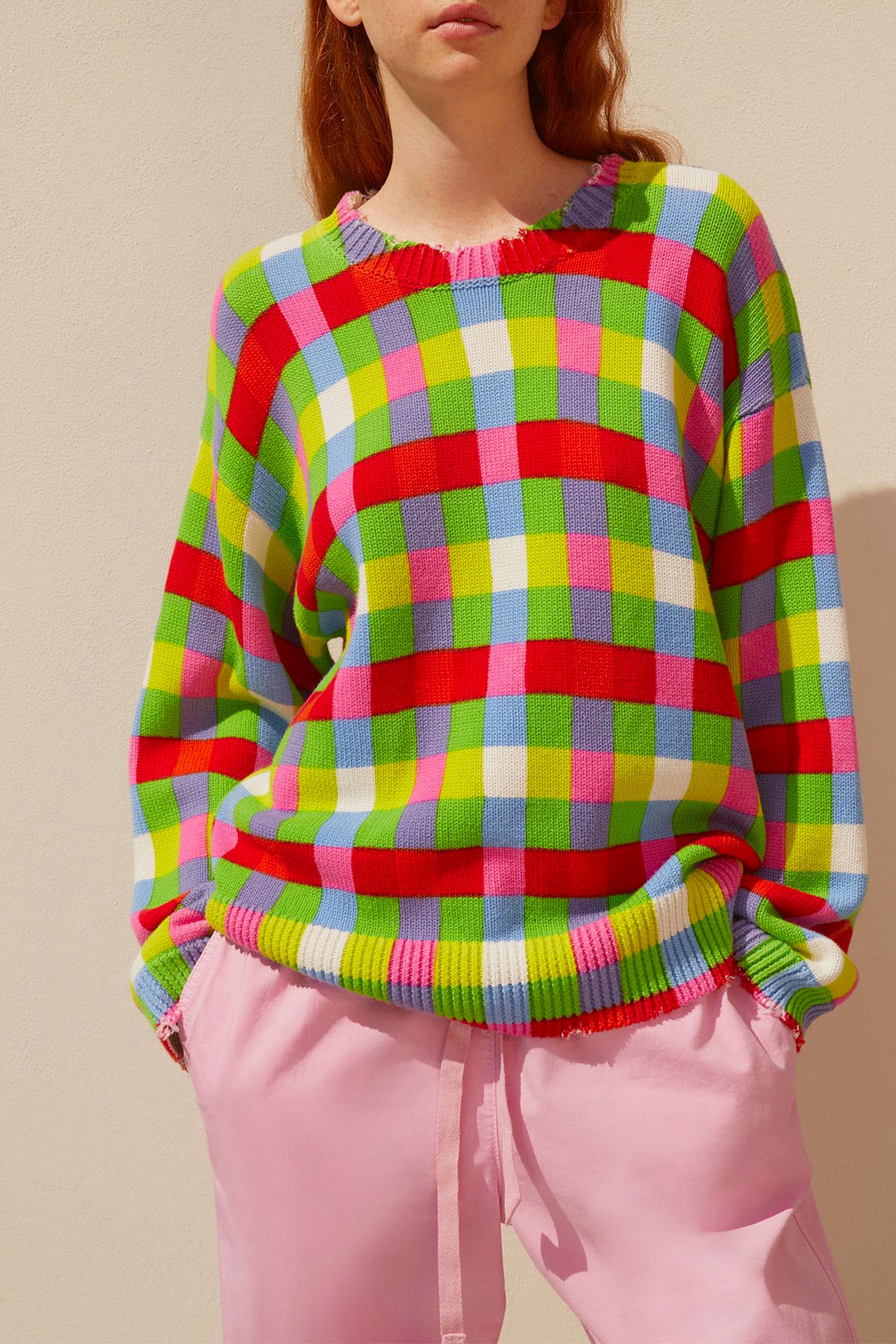 check printed cotton sweater