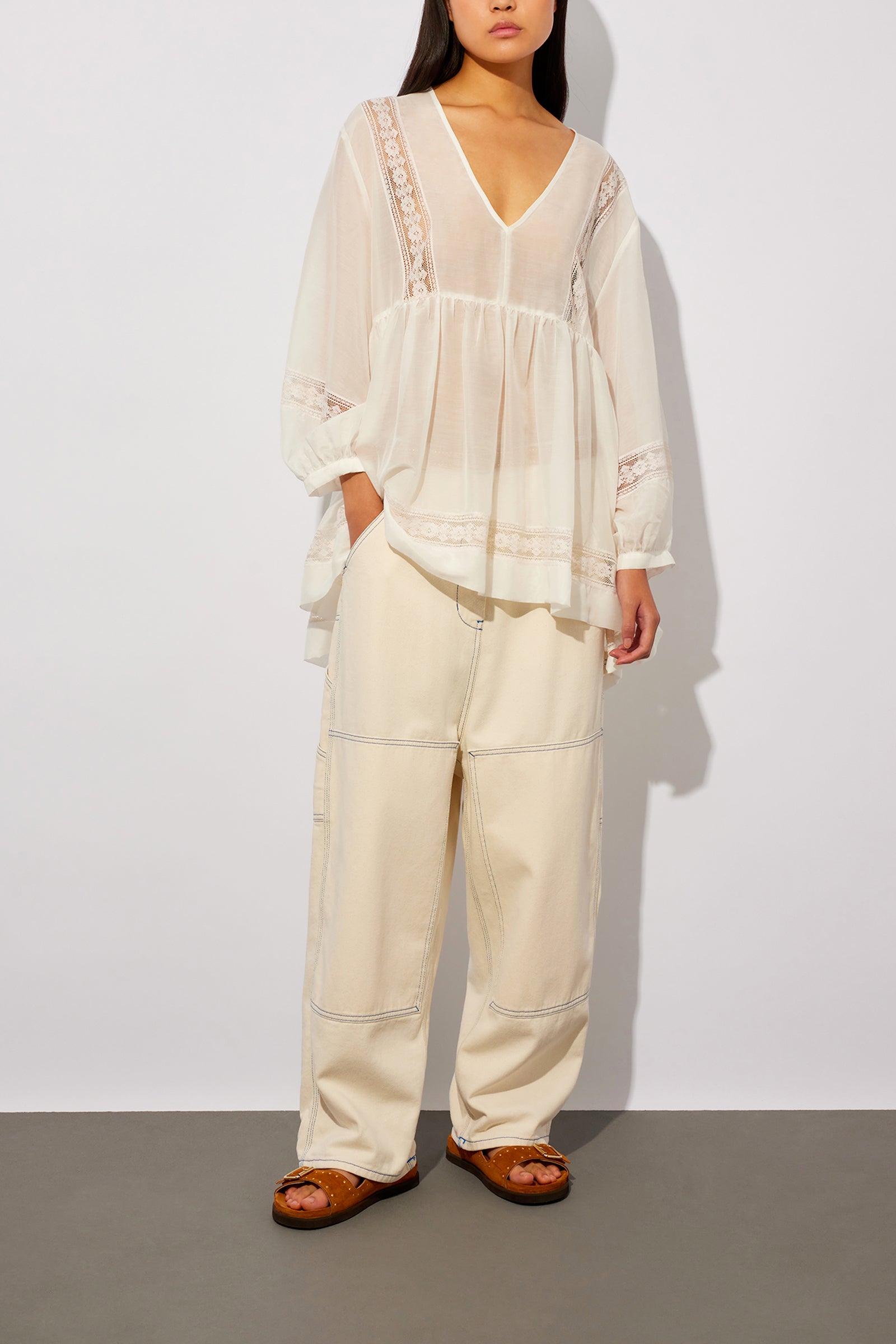 LACE AND MUSLIN V-NECK DRESS