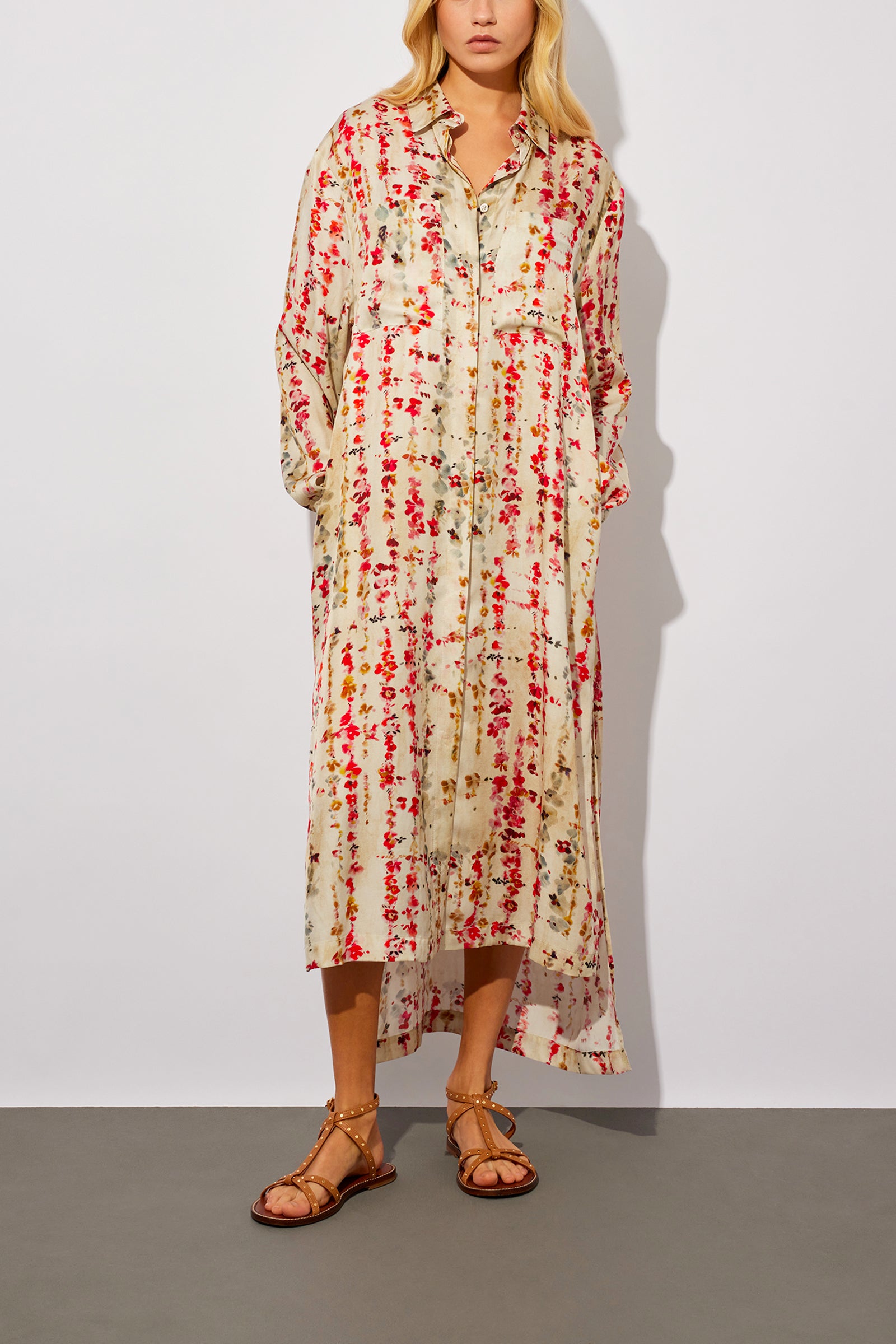 SHIRT DRESS WITH RED FLOWER PRINT