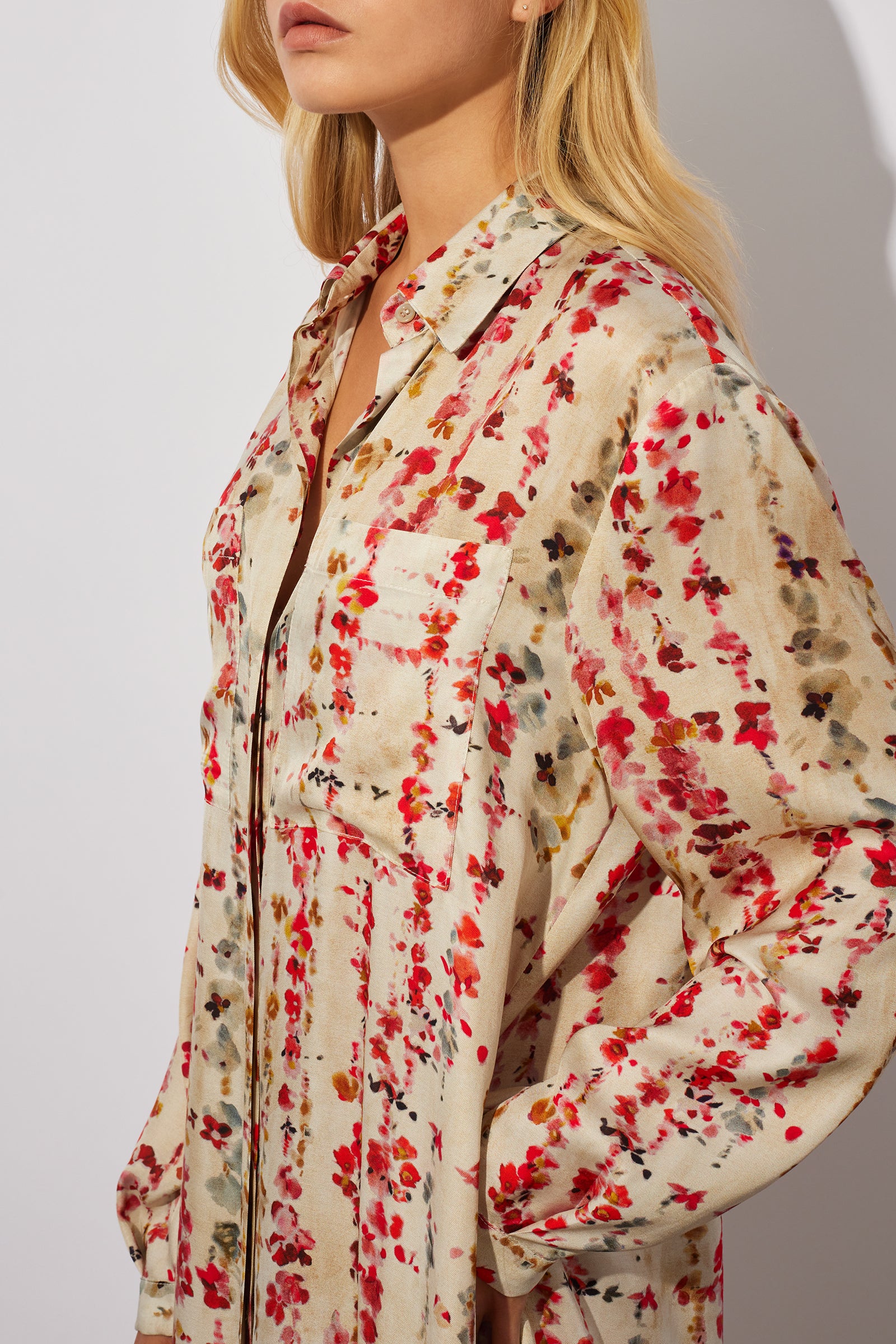 SHIRT DRESS WITH RED FLOWER PRINT
