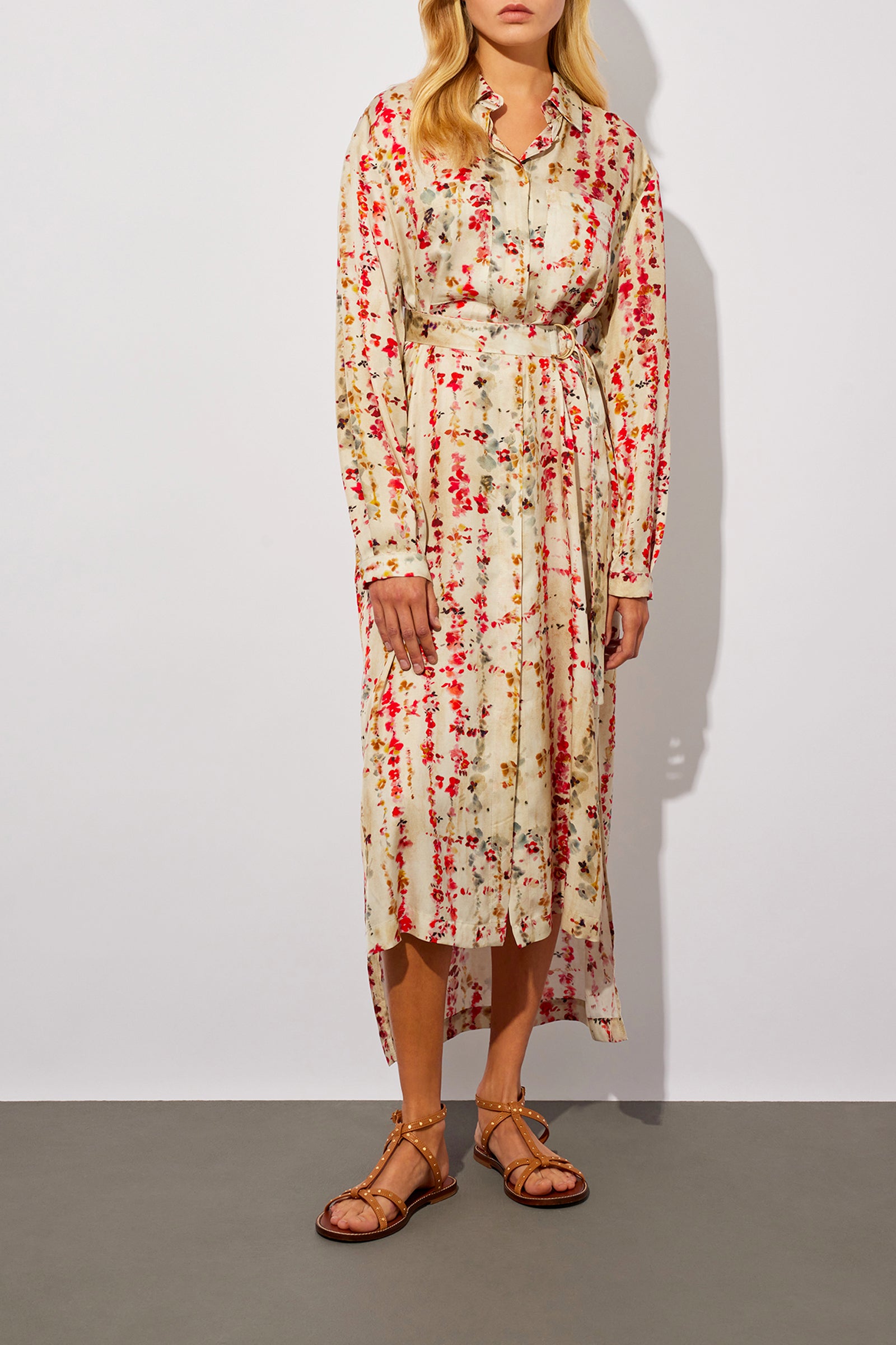 SHIRT DRESS WITH RED FLOWER PRINT