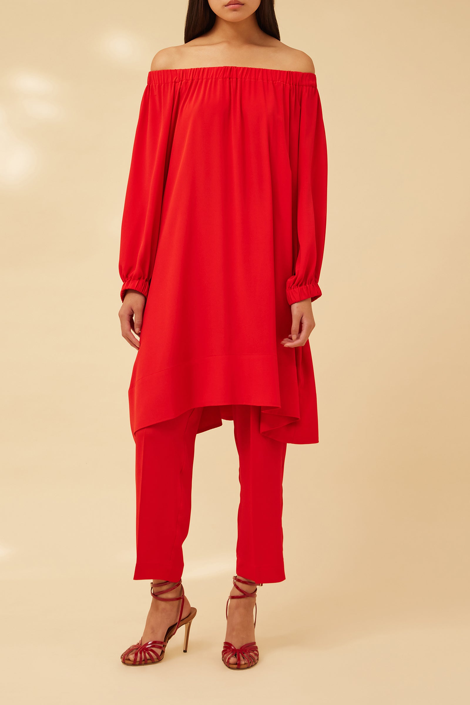 CREPE DE CHINE DRESS WITH BARDOT NECKLINE