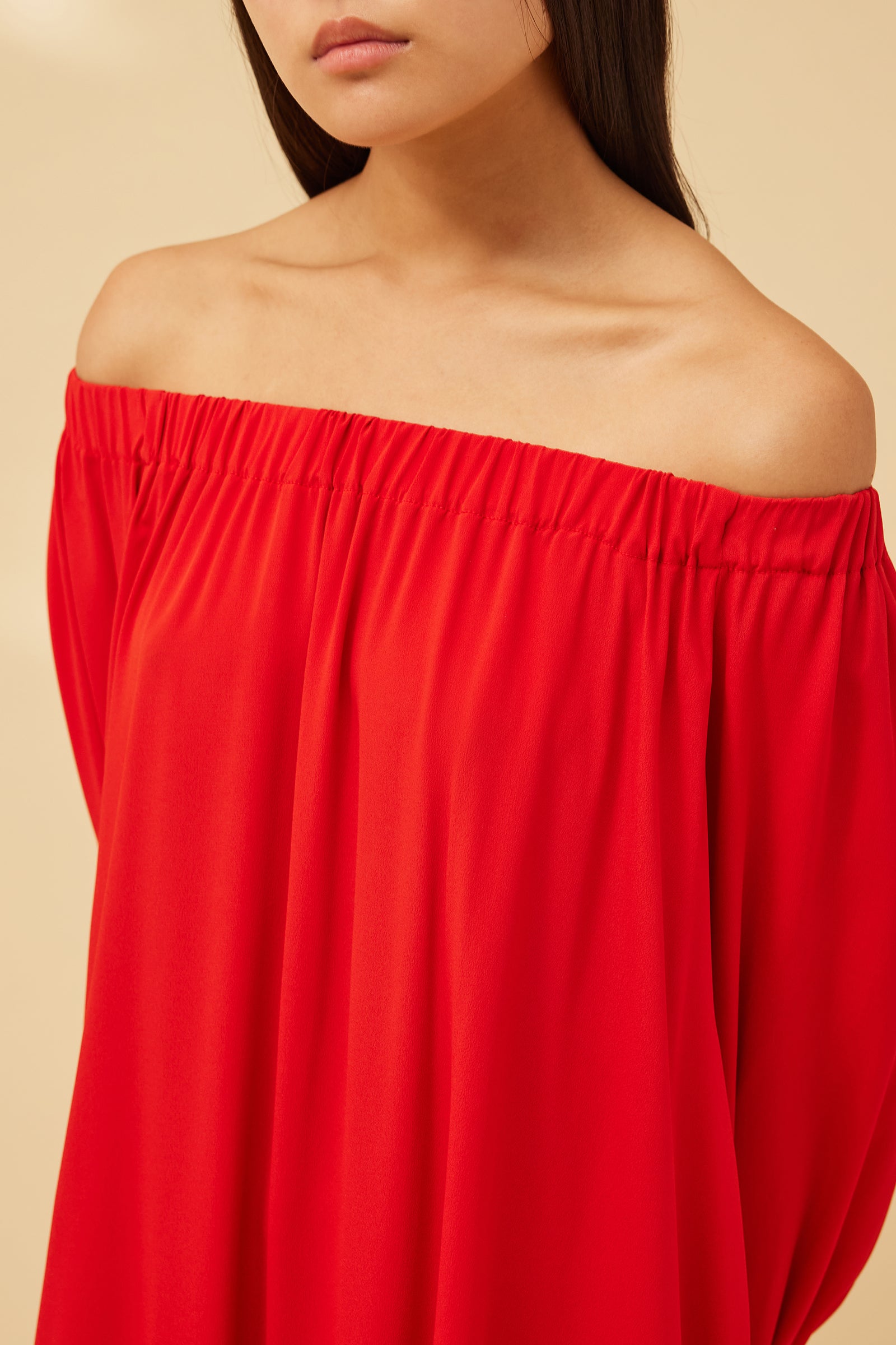 CREPE DE CHINE DRESS WITH BARDOT NECKLINE